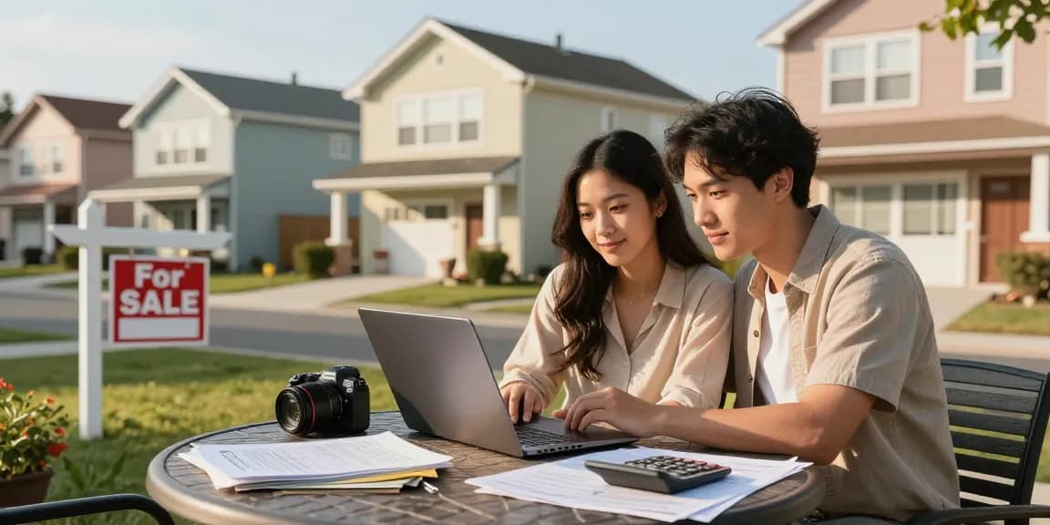 Calculadora hipoteca being used by a couple exploring mortgage options in a sunny residential setting.