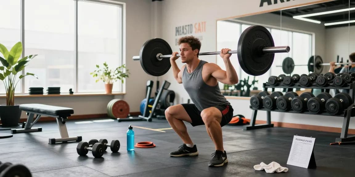 Hombre musculoso en el estudio de fitness de Esteroidesshop realizando sentadillas con barra con equipo de gimnasio en una atmósfera brillante