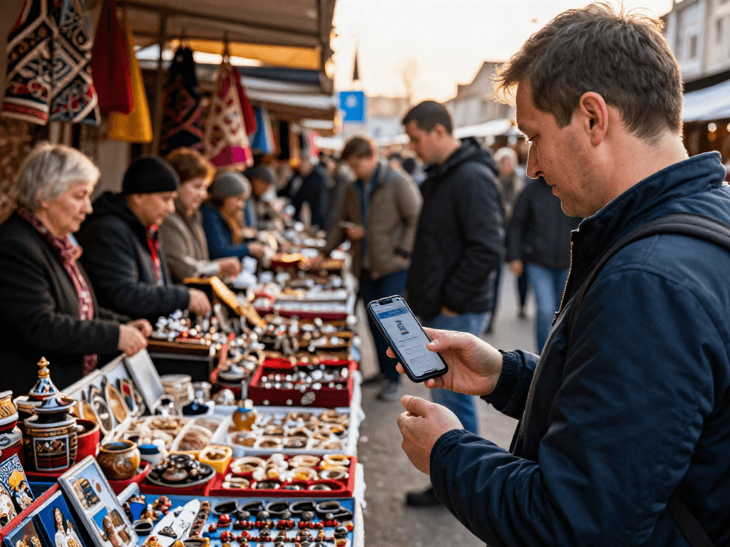 Experiencia de pago con la app https://payinrussia.com/ en un mercado ruso con turistas interactuando con vendedores locales.