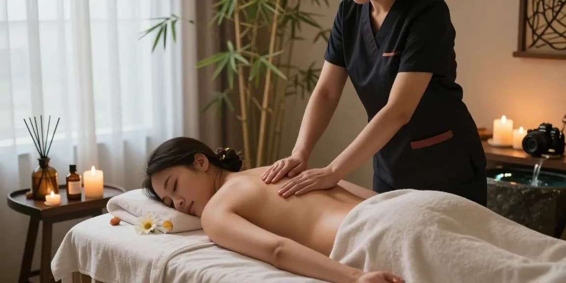 A soothing 하남출장안마 session with a skilled therapist applying essential oils in a tranquil spa setting, highlighting relaxation and wellness.