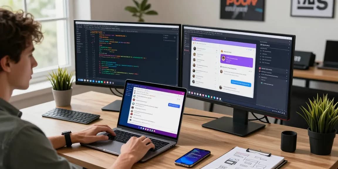 Engaged user navigating the Telegram Web Version in a modern tech workspace with dual monitors and vibrant chat displays.
