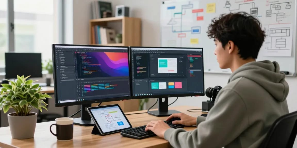 Develop internal tools with AI in a vibrant software development workspace with dual monitors and a creative setup.