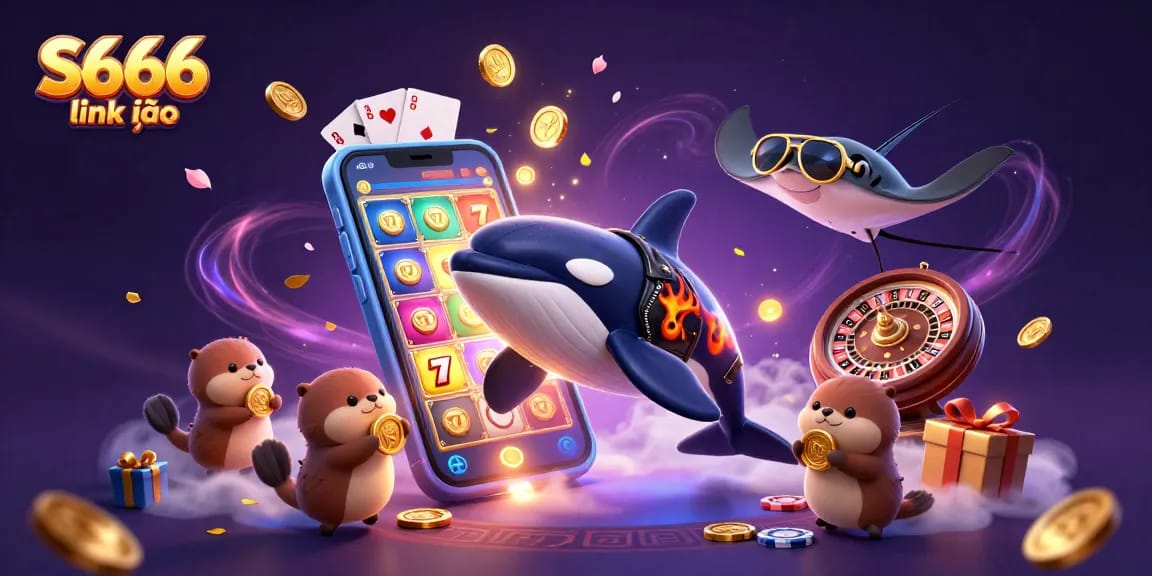 S666 link vào features a vibrant 3D scene with an orca, stingray, and otters celebrating casino wins with coins and games