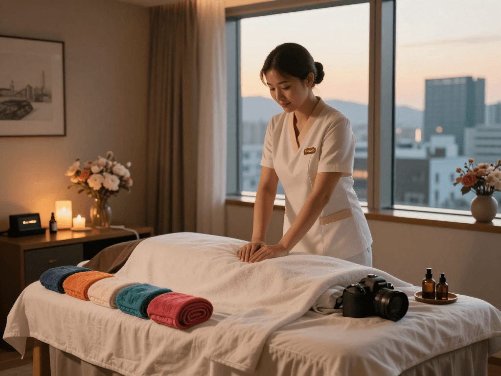 서울출장안마 service in a serene hotel room, featuring a professional therapist and a prepared massage table setting.