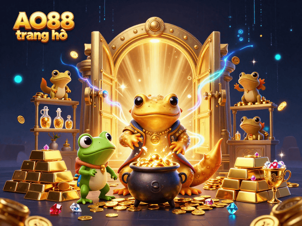 Experience the excitement of AO88 trang chủ with captivating characters in a rich, dynamic scene filled with gold and gaming elements.
