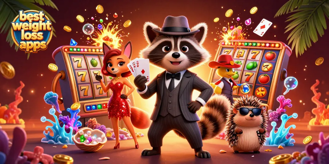 Enjoy the best weight loss apps with a raccoon in a suit, gaming at a vibrant casino table.