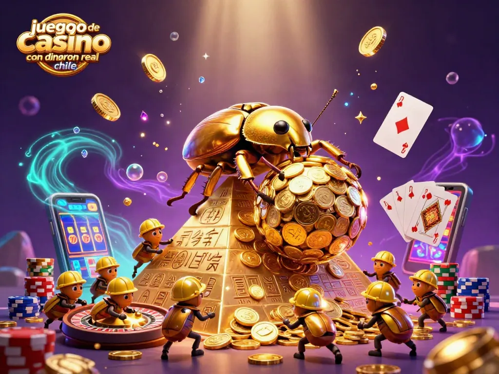 Participa en juegos de casino online con dinero real en Chile rodeado de monedas y símbolos de casino.
