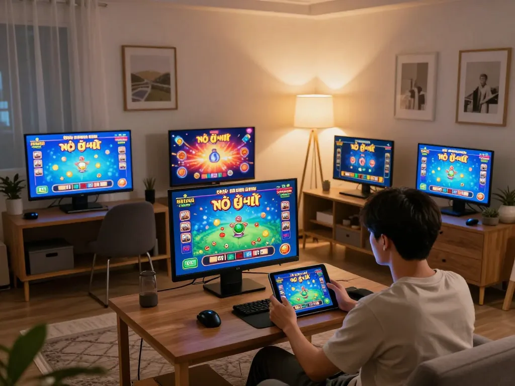 Nổ hũ đổi thưởng gaming action in a stylish home environment, capturing the excitement and engagement of online casino play.
