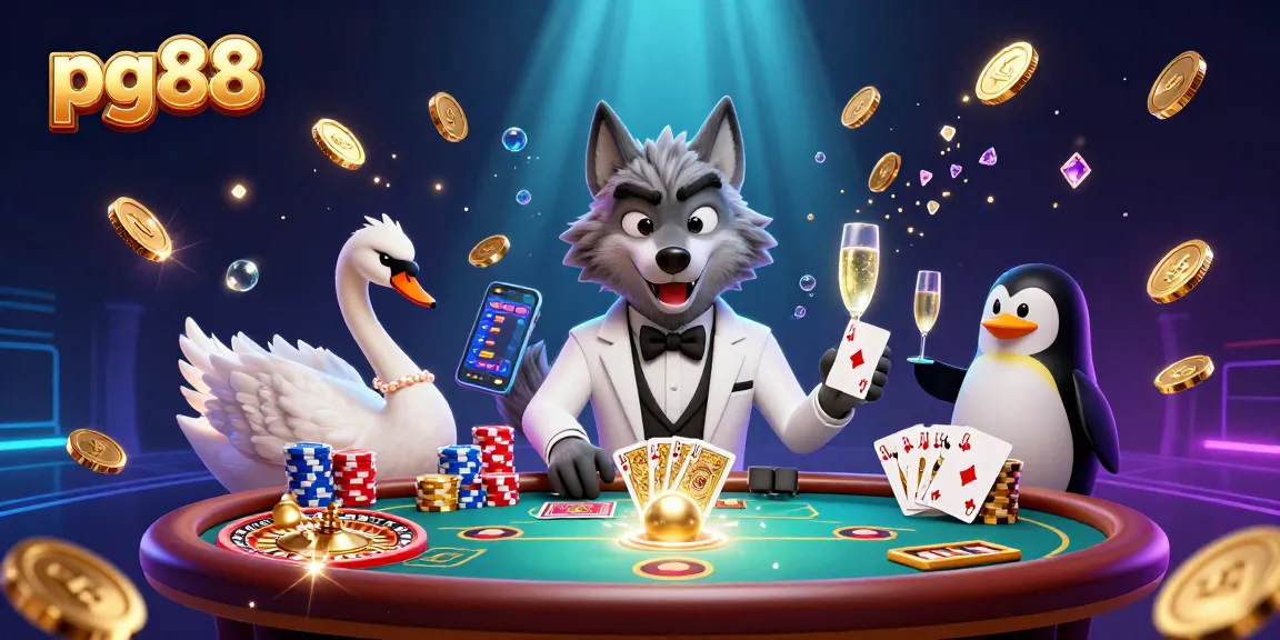 Engage in thrilling games at pg88 with a debonair wolf, elegant swan, and penguin, surrounded by casino elements.