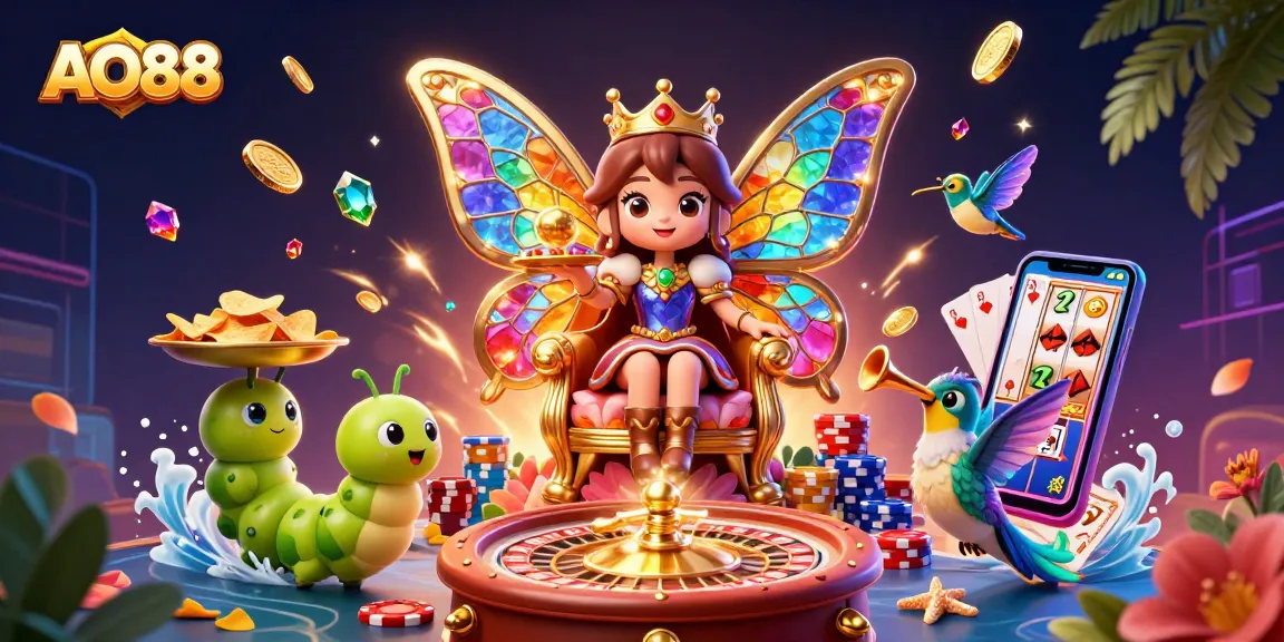 AO88 showcases a vibrant 3D casino scene with the butterfly queen amidst golden coins and poker chips.