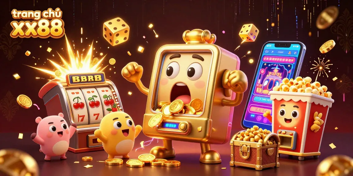 Experience excitement at trang chủ xx88 as joyful slot machines celebrate a jackpot explosion of coins.