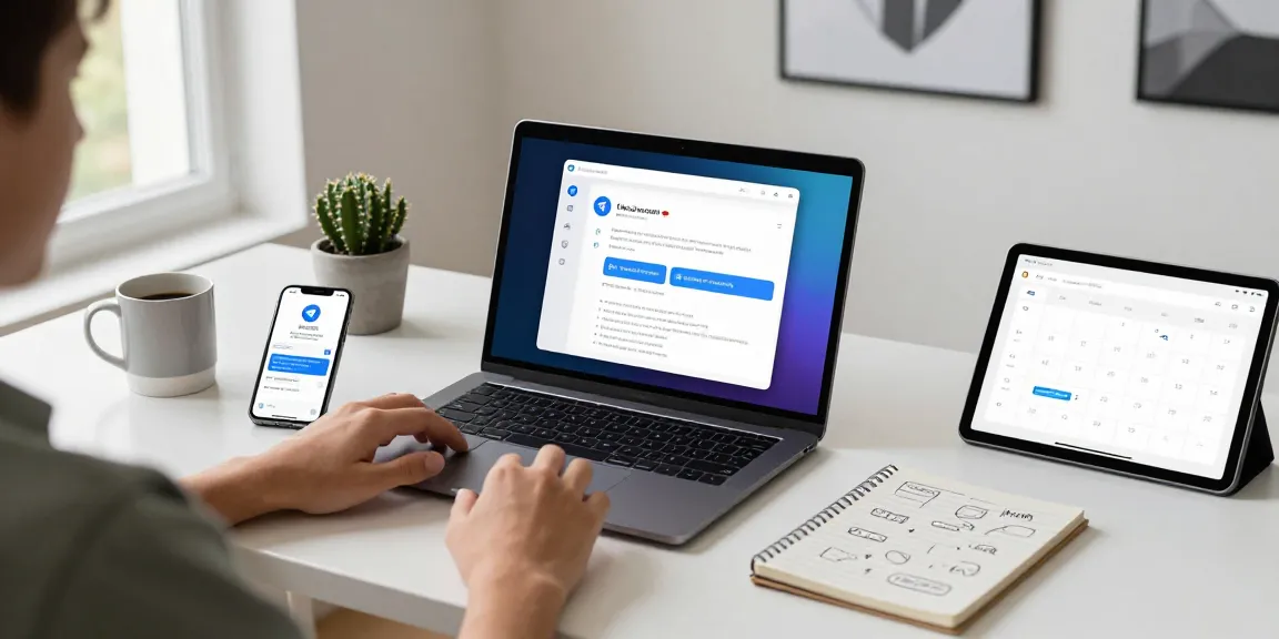 Person using Telegram Web on a laptop in a modern workspace, showcasing a vibrant digital communication environment.