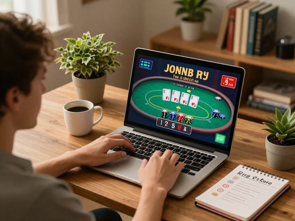 Engaging in keonhacai live dealer poker game from a cozy home office setup.