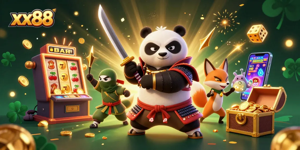 Experience thrilling gameplay at xx88 with a vibrant illustration of samurai panda, ninja fox, and magical tanuki alongside exciting casino symbols.