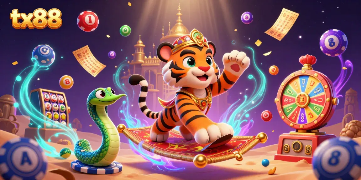 Experience tx88's vibrant casino adventure with stunning scenes of the tiger sultan, lottery elements, and slot excitement.