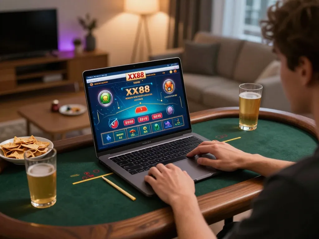 Player enjoying an online gaming experience with XX88 on a laptop in a cozy home setting