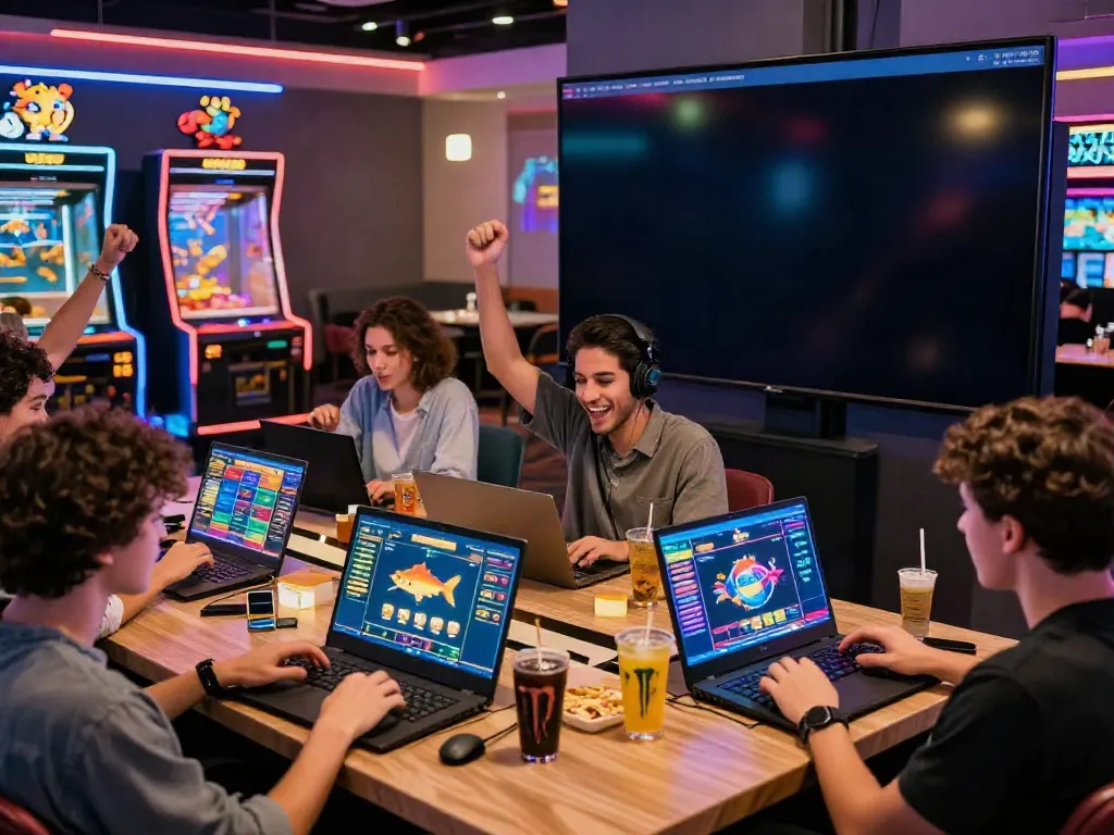 Exciting online gaming experience at du88 with friends celebrating wins, vibrant casino atmosphere.