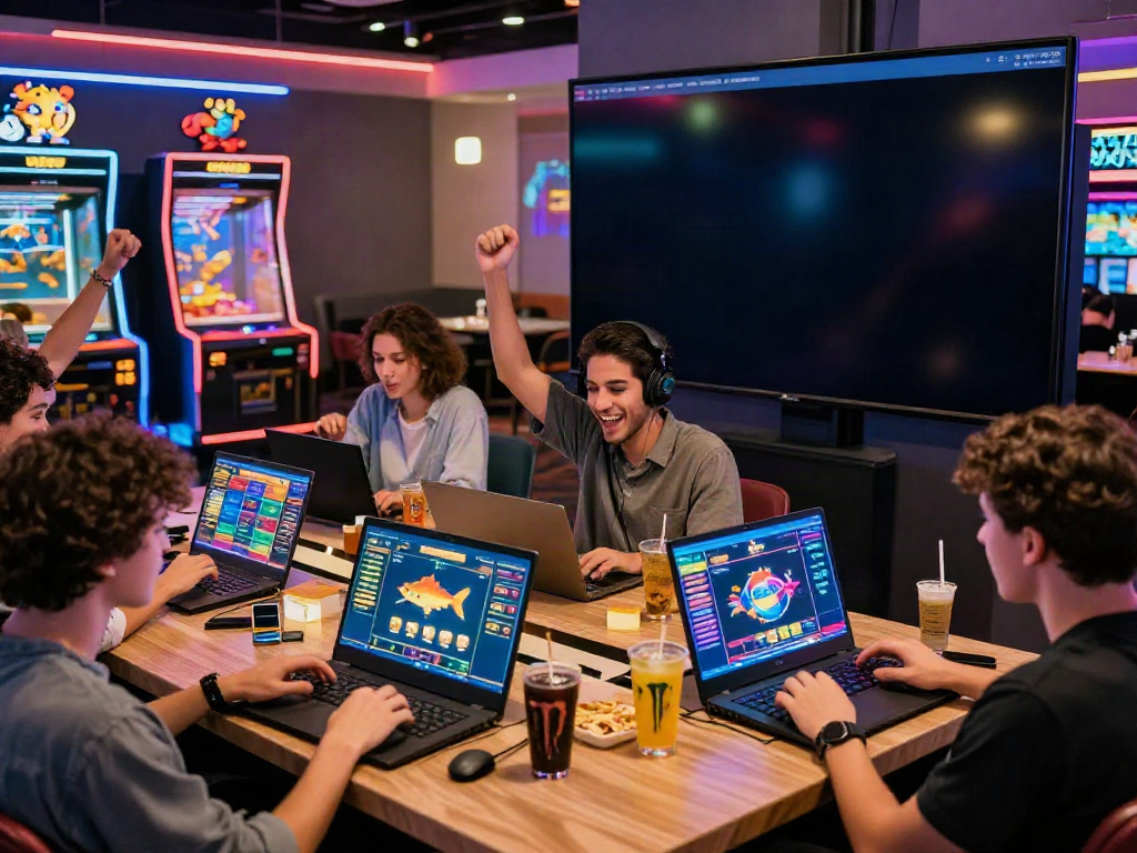 Exciting online gaming experience at du88 with friends celebrating wins, vibrant casino atmosphere.
