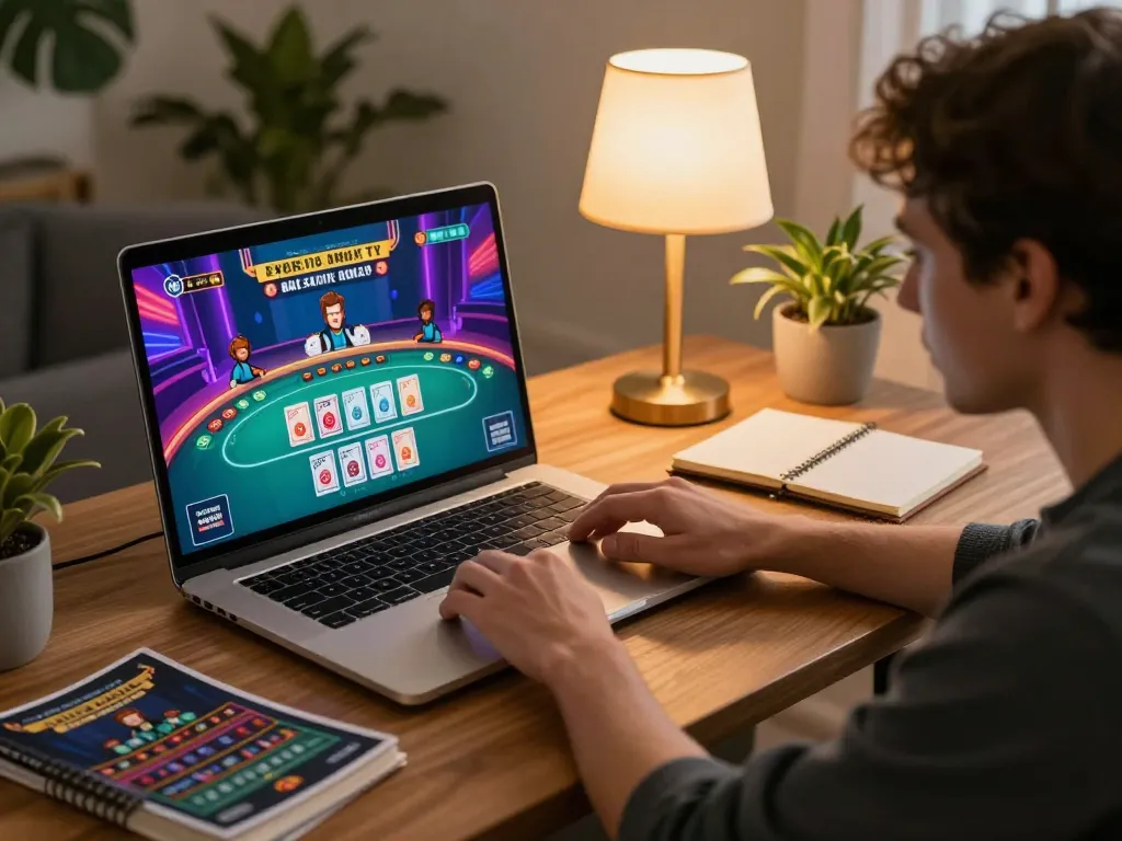 Engaging in online gaming at home with gg88 com casino interface on laptop, showcasing strategic gameplay