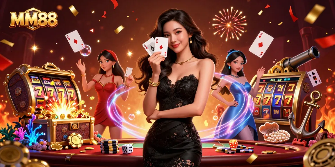 Experience exciting gameplay at MM88 with a glamorous Asian woman holding winning poker cards amidst sparkling casino elements.