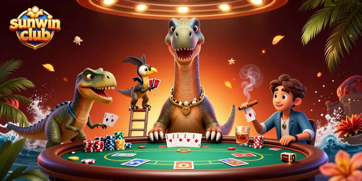Experience the excitement of sunwin club with a towering dinosaur and dynamic poker action.