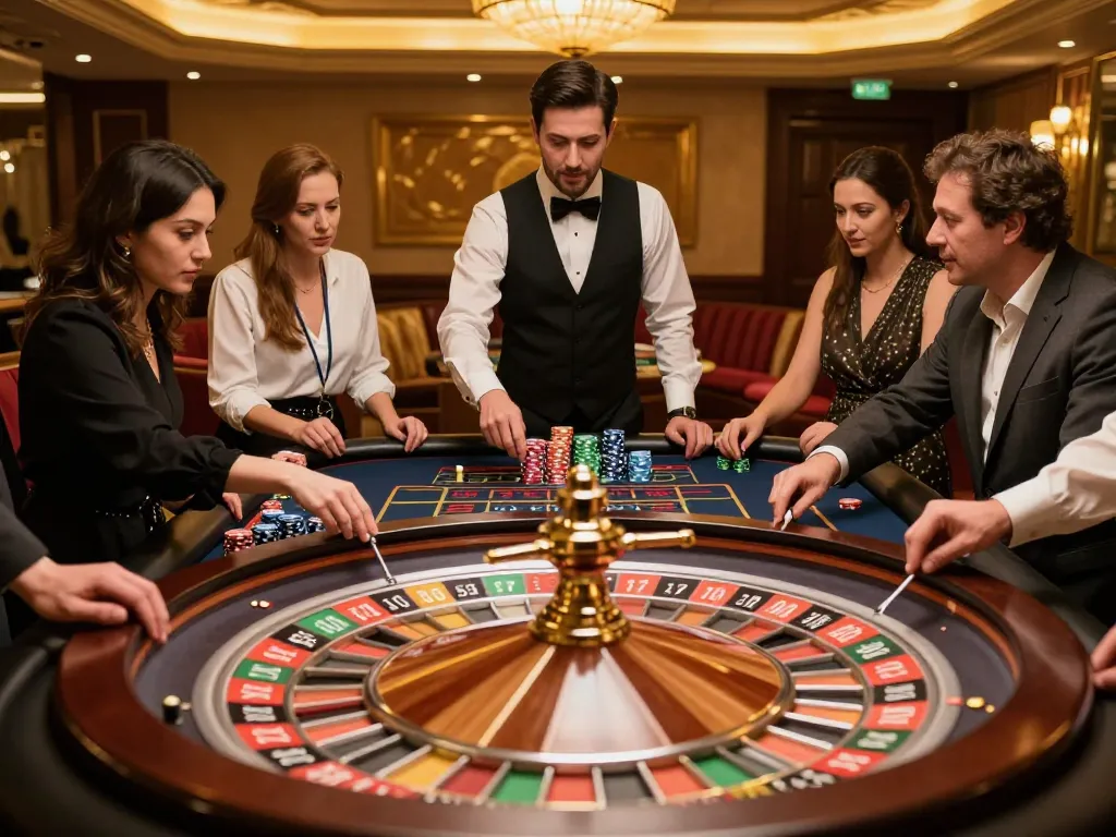 Experience the thrill of roulette at RR88 with players eagerly betting on a beautifully designed table.