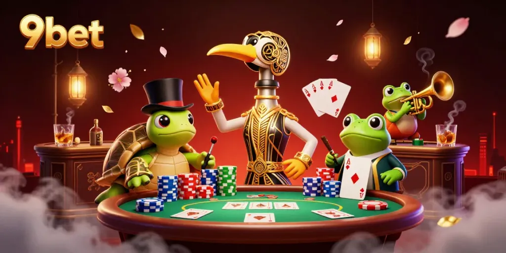 Experience the excitement of 9bet with a vibrant illustration featuring a crane, turtle, and frog at a speakeasy bar.