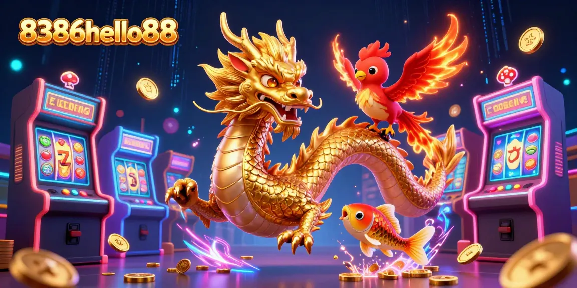 Experience thrilling gameplay with 8386hello88 featuring dragons and phoenixes in a vibrant casino scene.