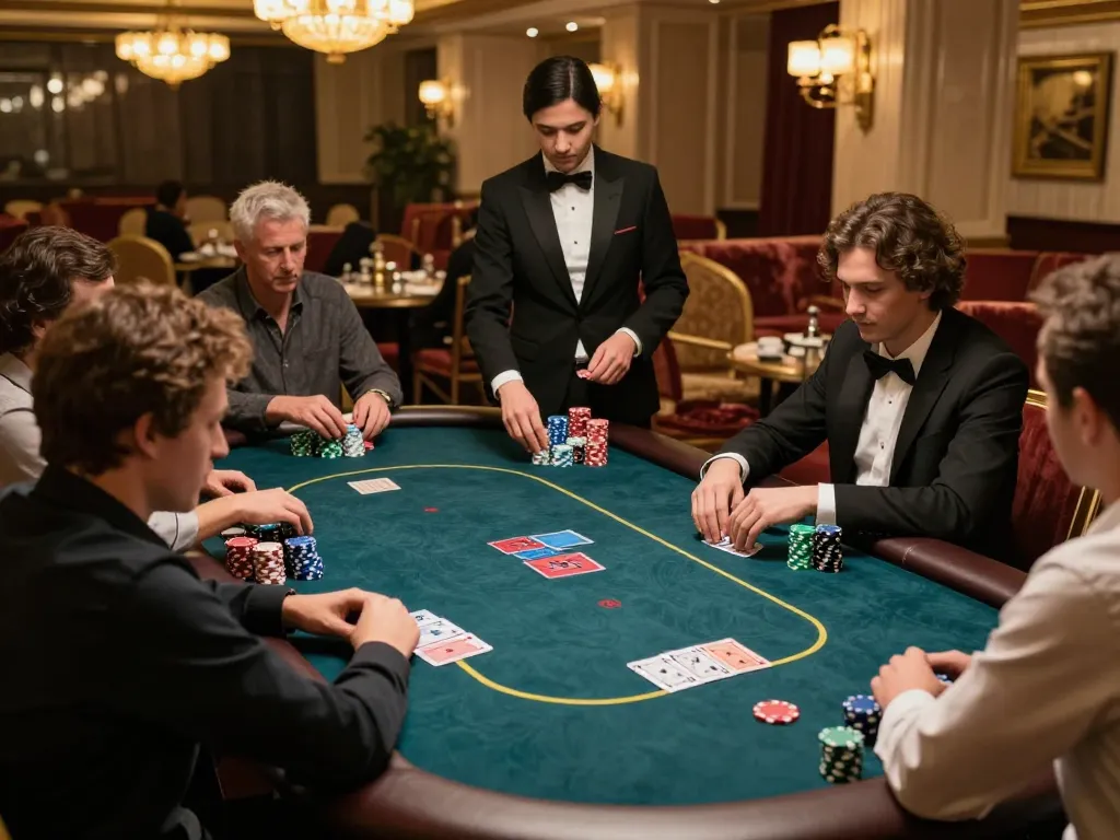 KJC players engaged around an elegant poker table, showcasing vibrant chips and competitive atmosphere