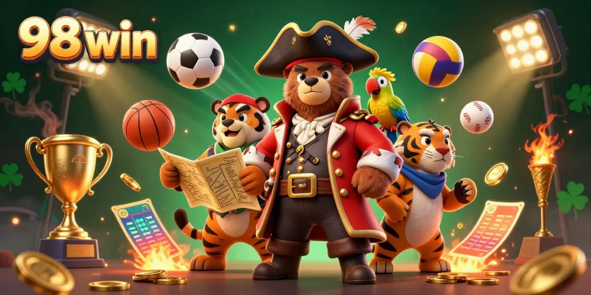 Experience the thrill of 98 win with dynamic characters and vibrant casino elements in an engaging 3D scene.
