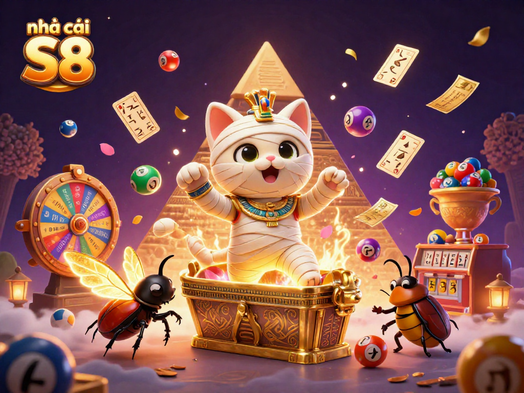Engaging scene showcasing nhà cái S8 with a cartoon mummy cat, vibrant gaming elements, and captivating casino atmosphere.