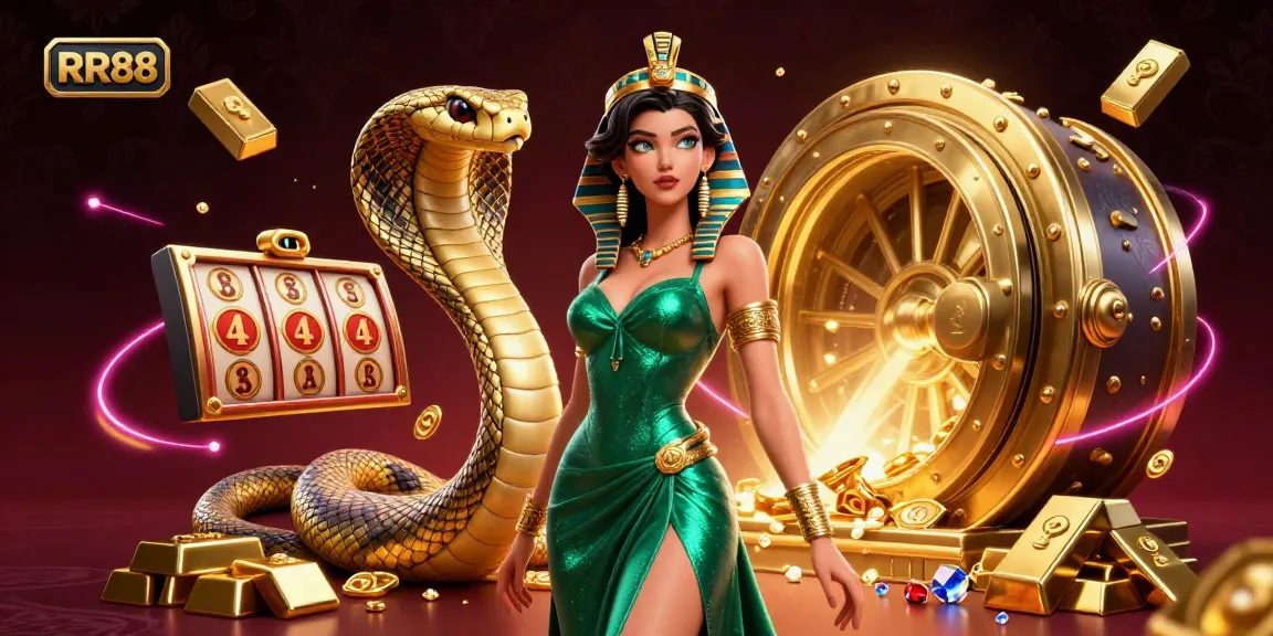 Experience thrilling jackpots and gold treasures with RR88 in a vibrant 3D casino scene.