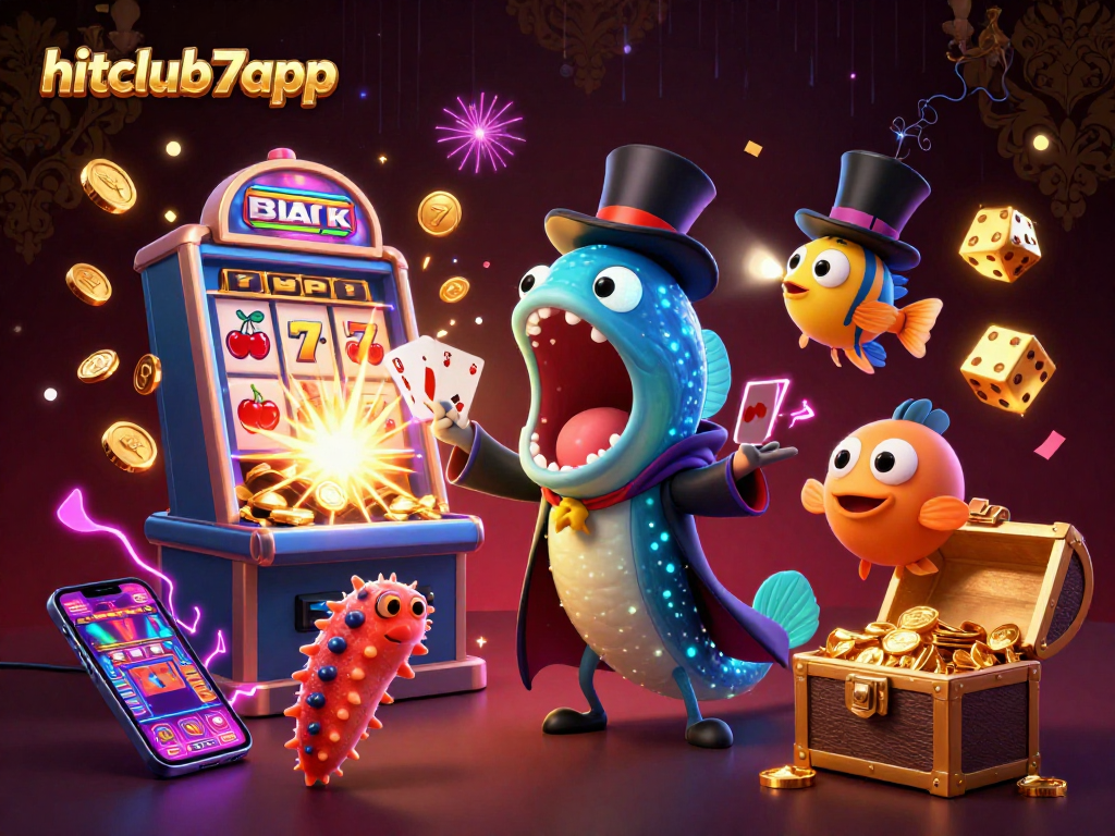 Experience thrilling wins with hitclub7app's vibrant 3D casino illustration featuring exciting games and characters.