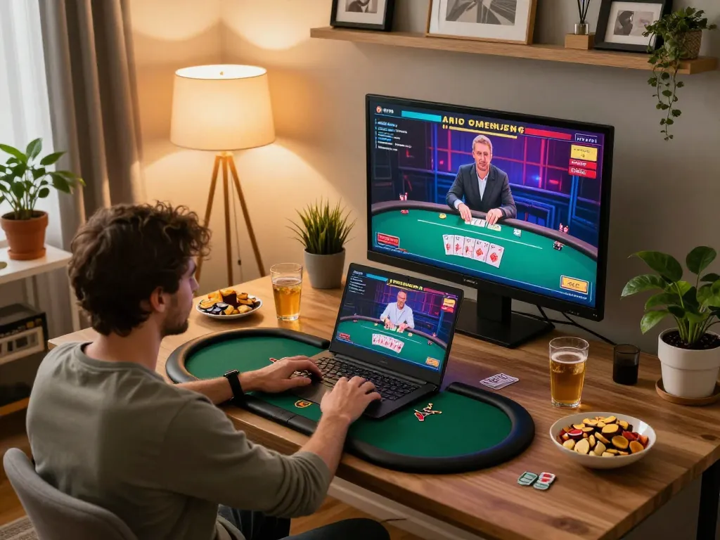 Engaging player on 78WIN laptop at home enjoying online poker game with live dealer