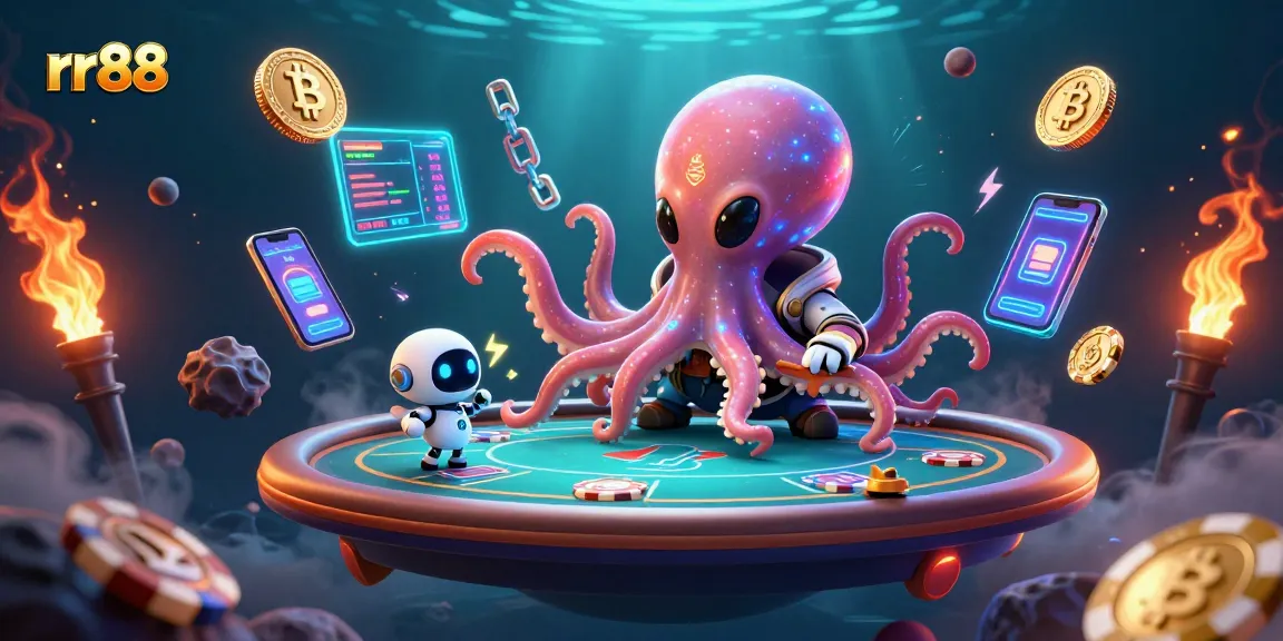 Engage with rr88 as a glowing octopus deals poker at a futuristic casino table surrounded by crypto coins.