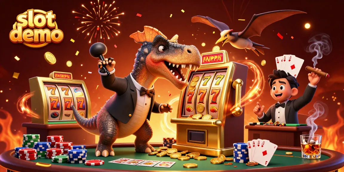 Slot demo menggambarkan dinosaurus 3D beraksi di mesin slot jackpot, menangkan koin emas.