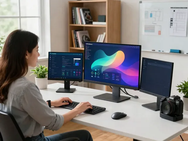 Young woman optimizing her PC with Wisecare software in a modern home office setting.