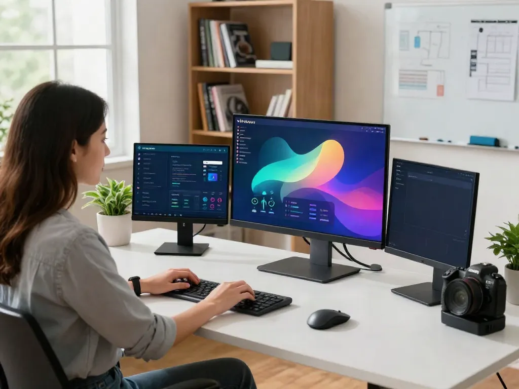 Young woman optimizing her PC with Wisecare software in a modern home office setting.