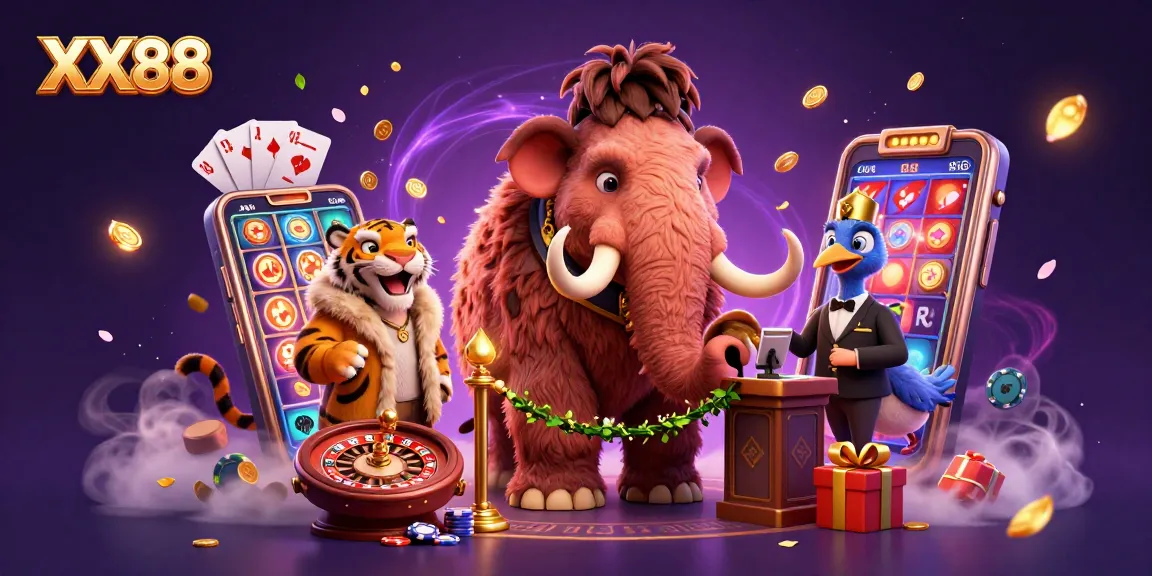 Experience excitement at XX88 with a woolly mammoth bouncer and vibrant casino elements.
