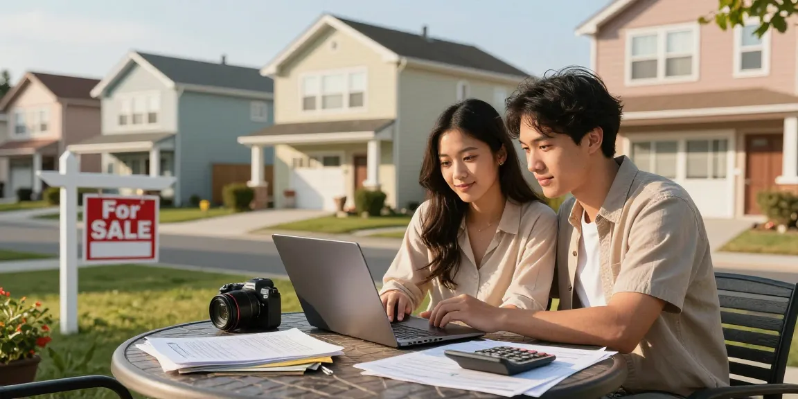 Calculadora hipoteca being used by a couple exploring mortgage options in a sunny residential setting.