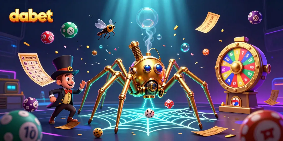 Experience dabet's thrilling gaming atmosphere with a 3D illustration of a golden spider and lottery elements.