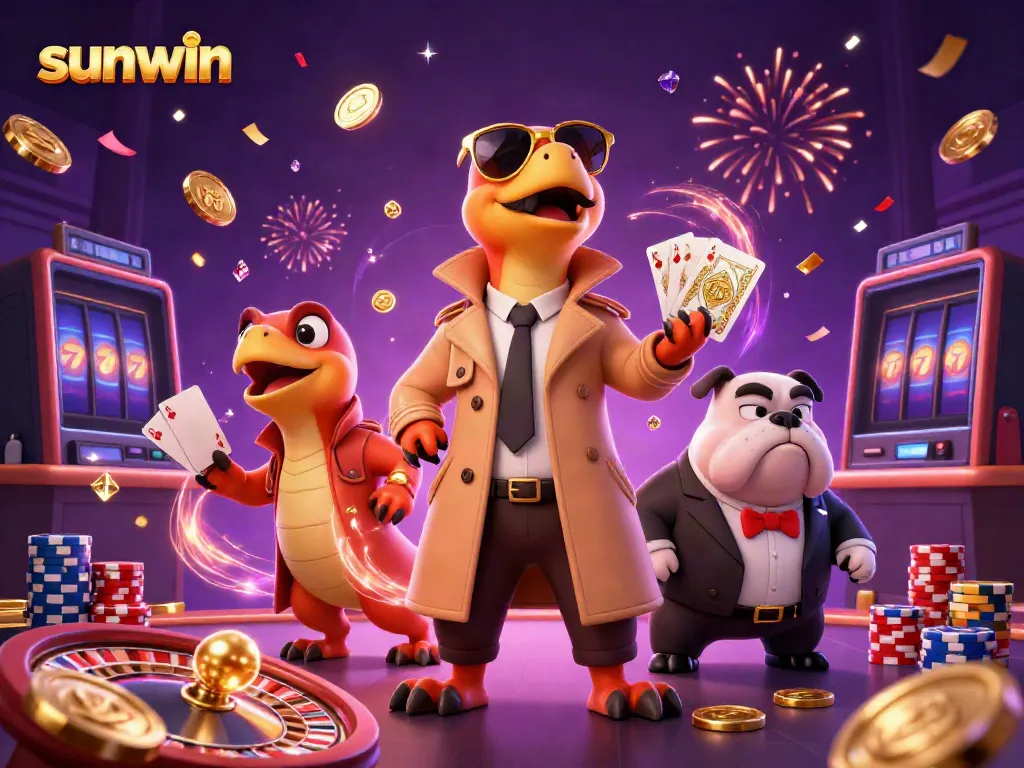 Experience the excitement of sunwin with cartoon raptors in a casino scene, showcasing vibrant gaming elements.