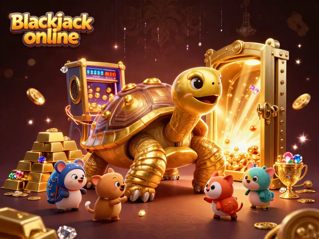 Juega blackjack online en una divertida y colorida ilustración 3D con una tortuga gigante y tesoros.