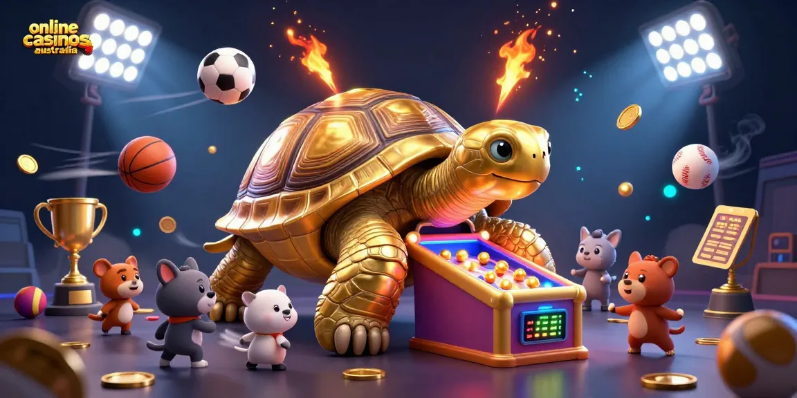 Enjoy thrilling gameplay at online casinos australia with a golden tortoise pinball machine surrounded by cheering animals.