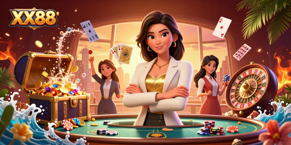 Experience thrilling gameplay at XX88 with an elegant Asian woman in a casino setting, showcasing rich visual detail.