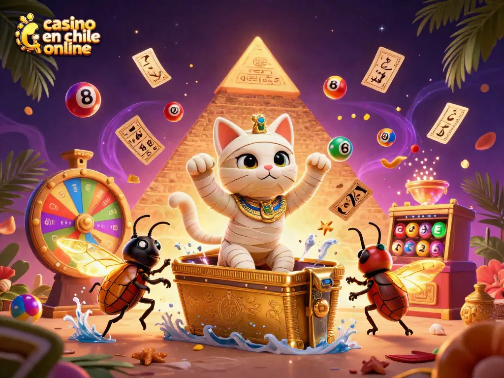 Disfruta de la emoción en un casino en Chile online con un gato momia en acción y juegos de azar.