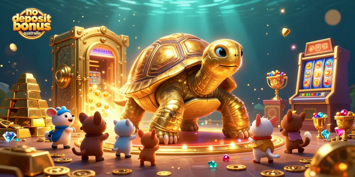 No deposit bonus australia illustration showcasing a golden tortoise pinball machine, vibrant slots, and treasure elements.