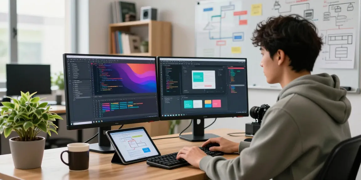 Develop internal tools with AI in a vibrant software development workspace with dual monitors and a creative setup.