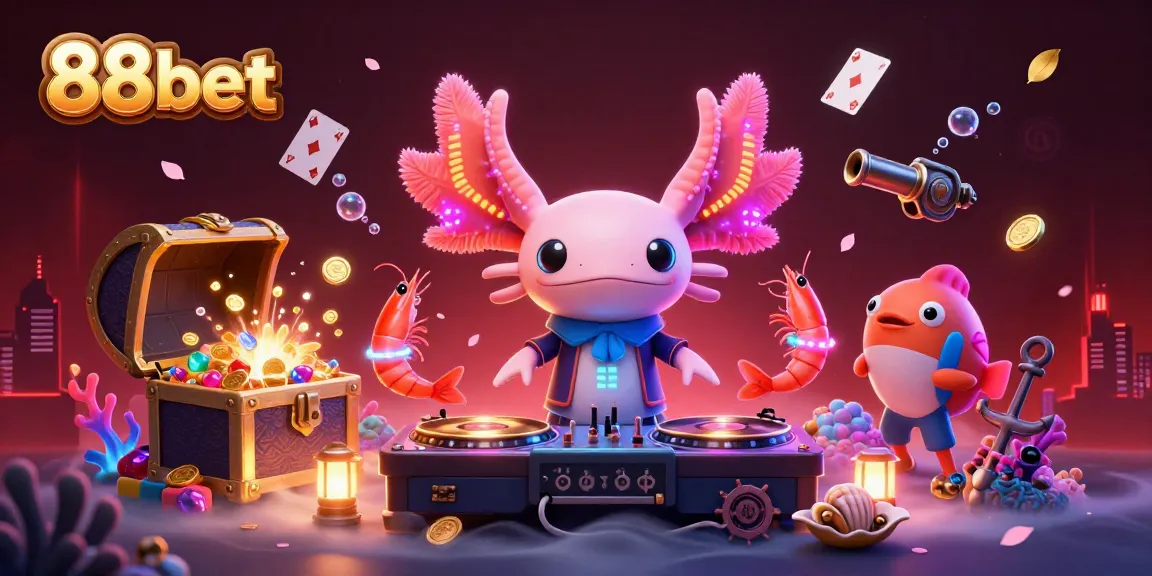 Experience 88bet's vibrant casino atmosphere with a neon axolotl DJ and lively marine characters.