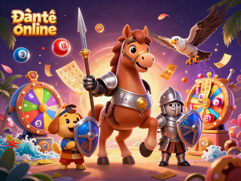 Engaging scene depicting Đánh đề online with knight, puppy, and falcon among lottery elements.